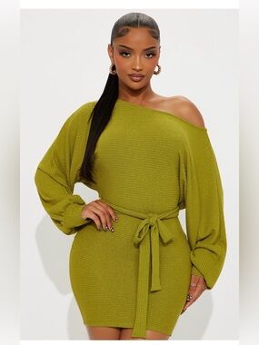 Fashion Nova Olive One-Shoulder Belted Rib Knit Dress